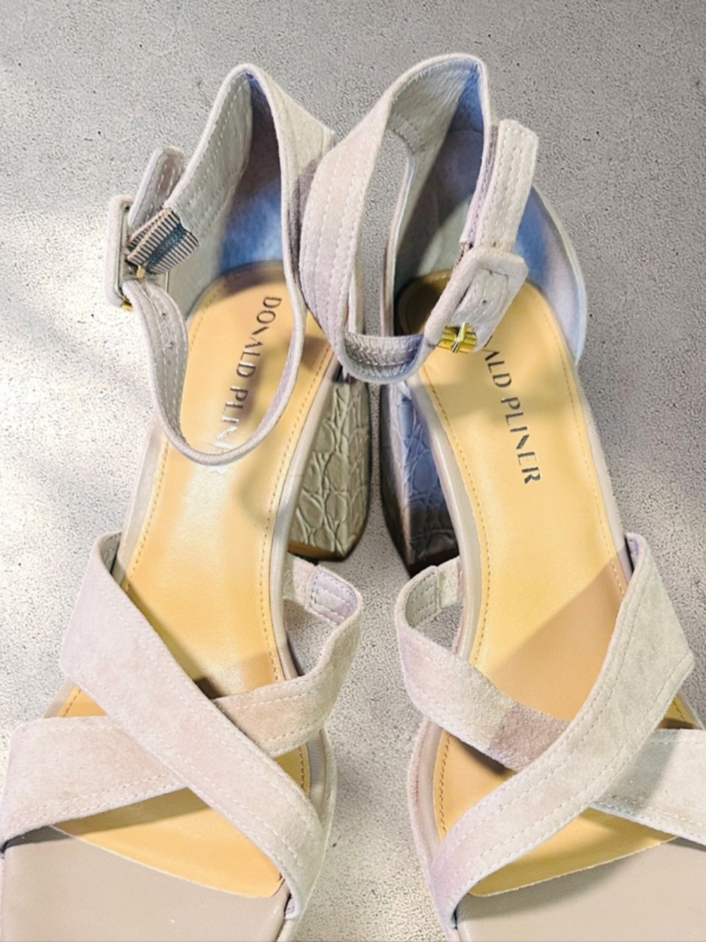 Donald Pliner Trista Shoes Taupe Suede Block Heel Sandals Ankle Strap
